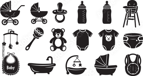 Baby Care and Nursery Icons Set in Black and White