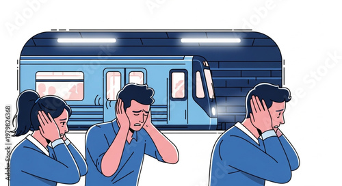 People covering ears from loud subway train noise illustration.