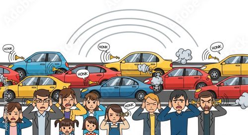 People covering ears from loud traffic noise and pollution.