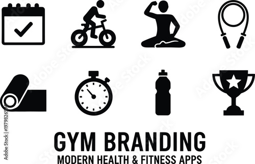 Modern gym branding icon set. Cycling yoga stopwatch jump rope water bottle and trophy in minimalist black solid vector