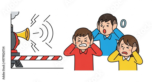 People covering ears from loud train horn sound.