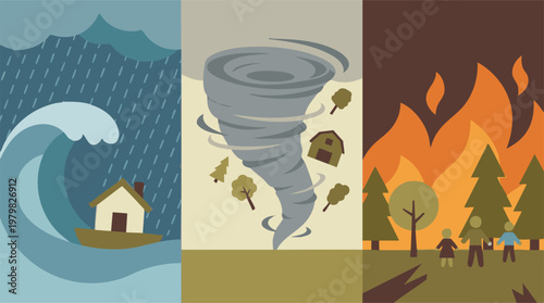 Vector Illustration of Major Natural Disasters: Flood, Tornado, Wildfire