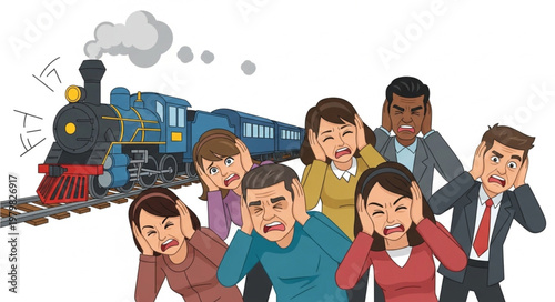 People covering ears from loud train noise.