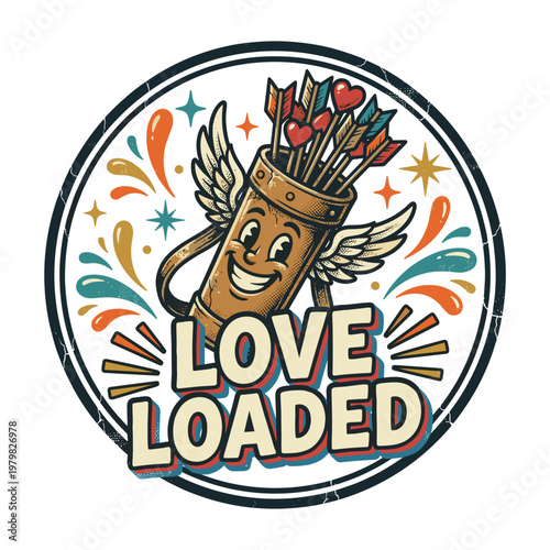 "Love Loaded" quiver with heart arrows and wings mascot