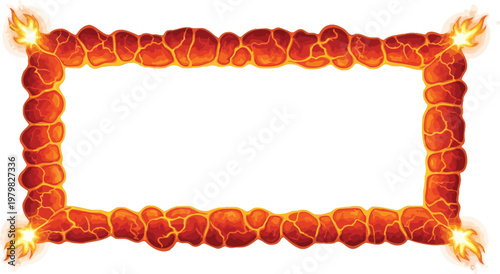 A fiery rectangular frame with glowing flames and molten lava texture on a white background