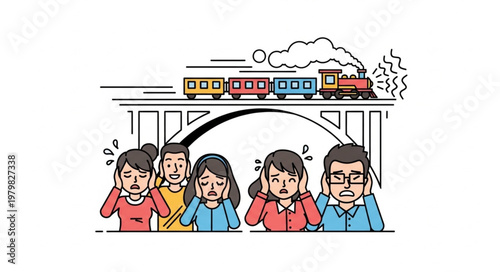 People covering ears from loud train noise on bridge.