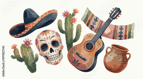 Watercolor illustration set of Mexican culture and celebration icons including a sombrero sugar skull cactus guitar poncho and clay pot for Dia de los Muertos and Cinco de Mayo