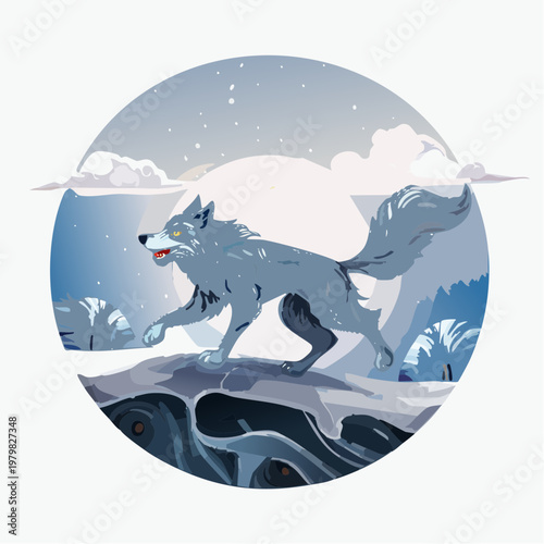A wolf's journey through a snowy, moonlit landscape under a starry sky