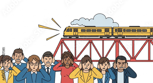 People covering ears from loud train noise on bridge.