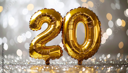 Golden balloon number 20, anniversary celebration banner, floating glossy metallic balloon, blurred silver glitter background, festive party
