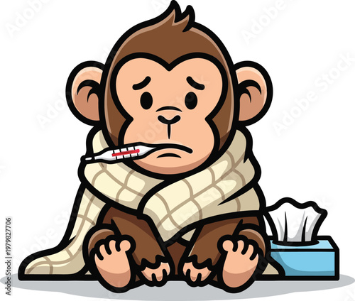 A cartoon monkey feels unwell, sitting with a thermometer and tissues, wrapped in a blanket.