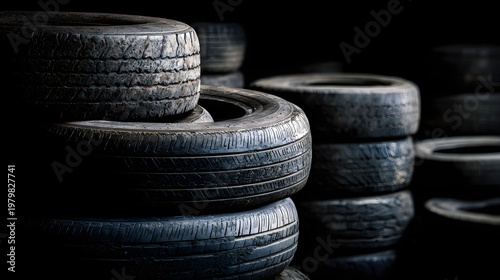 Stack of used car tires in industrial.