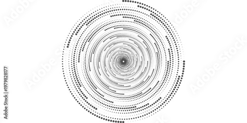 Modern abstract background. Halftone dots in circle form. Spiral logo, icon or design element. Black dots on a white background and white dots on the black side.