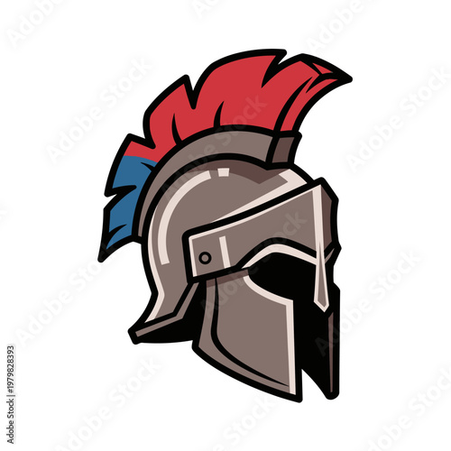 Ancient Spartan Helmet with Red and Blue Crest, Warrior Symbol