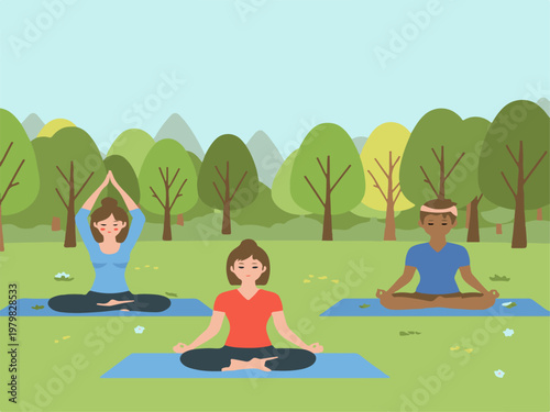 People practicing yoga in the park, group of young men and women meditating in nature, flat vector illustration of outdoor wellness activity.