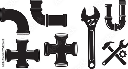 Plumbing tools and pipes in black and white illustration