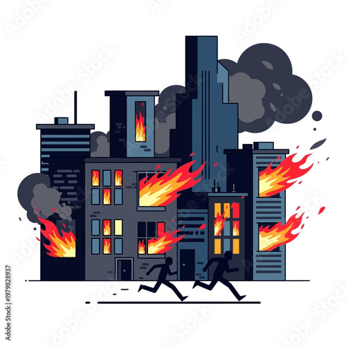 Cityscape Fire Disaster, Buildings Burning, People Fleeing, Smoke and Flames