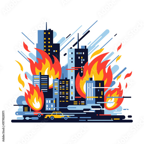 Cityscape on Fire: Burning Skyscrapers and Emergency