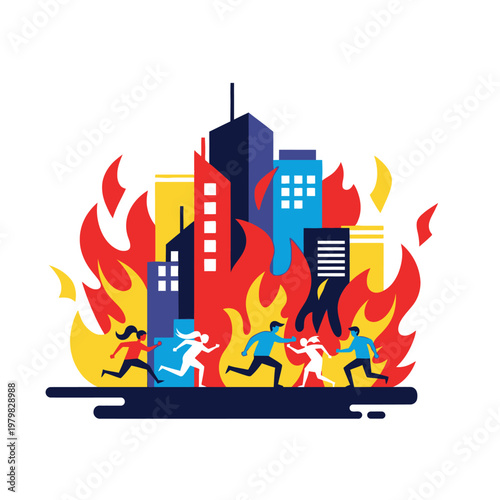 Cityscape on Fire with People Evacuating