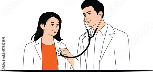 female patient and doctor in white lab coats with stethoscope minimal line art in blue and green for medical website design