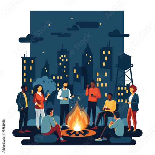 Diverse group of people gathered around a bonfire at night with city skyline background