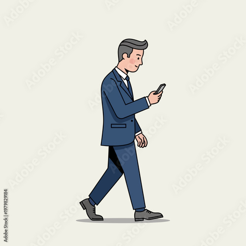 Businessman walking while looking at his smartphone.