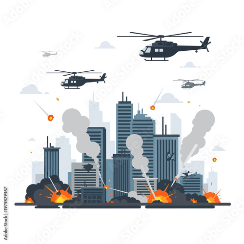 Helicopters Attack City Skyline with Explosions and Smoke