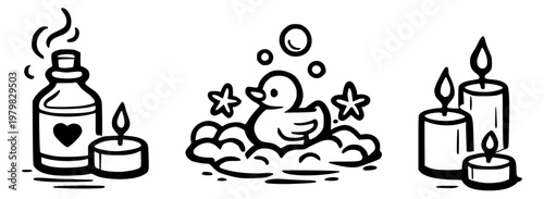 Spa bathroom icons set with duck and candles