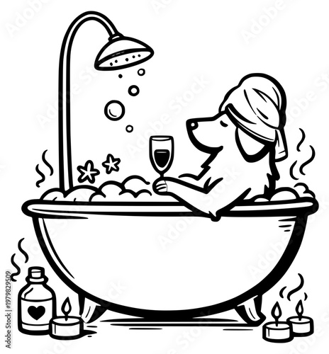Funny dog relaxing in bathtub with wine illustration