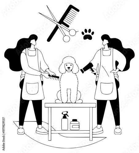 Dog grooming salon with groomers and poodle illustration