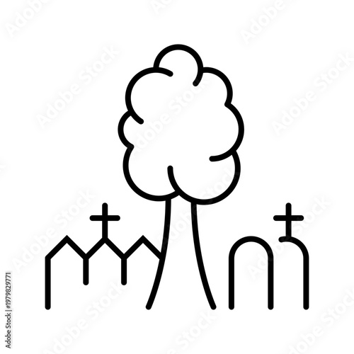 Cemetery tombstone icon. Places and burial ground line symbol. Black and white.