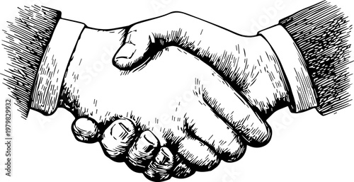 Hand Drawn Handshake Black and White Illustration in Minimal Line Art Style Design