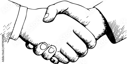 Hand Drawn Handshake Black and White Illustration in Minimal Line Art Style Design