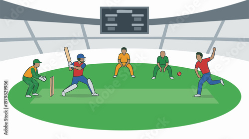 Flat design illustration of a cricket match with players in a stadium