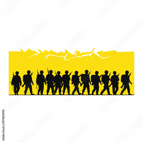 Silhouette Soldiers Marching Yellow Background Cracked Texture