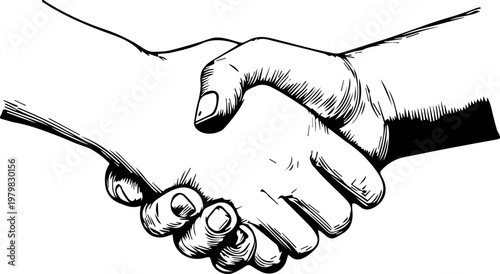 Hand Drawn Handshake Black and White Illustration in Minimal Line Art Style Design