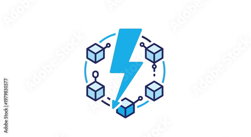 Blockchain network with blue cubes.