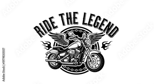 Ride The Legend Motorcycle Emblem with Wings and Flames.