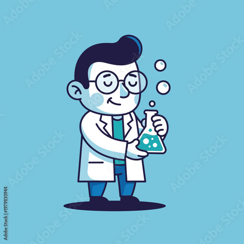 Cartoon scientist character holding a bubbling flask.
