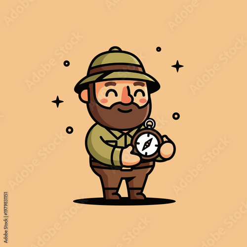 Charming cartoon explorer with a beard and pith helmet holding a compass.