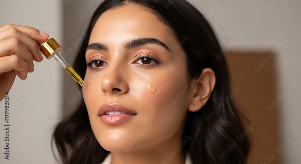 Fototapeta premium Close up of a beautiful woman applying facial serum with a dropper to her cheek for skincare