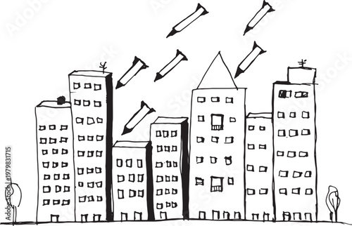 Foto vector,city in war black and white