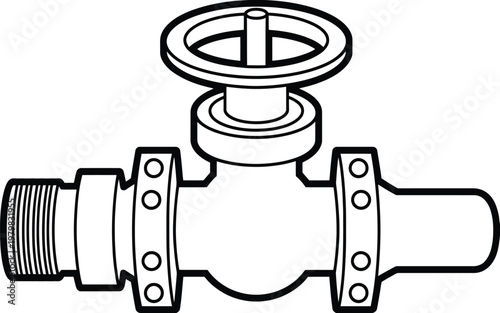 Valve with threaded connection and bolted flanges, industrial plumbing, mechanical engineering component, fluid control.