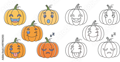 Set of Cartoon Halloween Pumpkin Emoticons with Different Expressions and Line Art Coloring Page Version, Cute Jack-o'-lantern Emoji Stickers for Autumn and Fall Festive Design