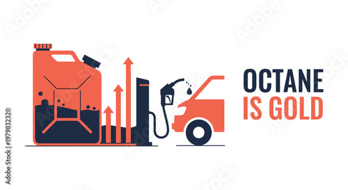 Fuel pump nozzle and gas can with rising arrows in bold orange and dark blue colors on white background for business marketing