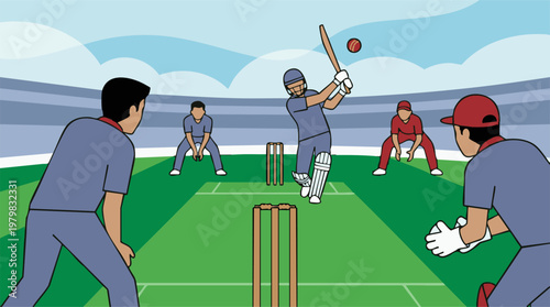 Cartoon illustration of cricket match in a stadium with players in action