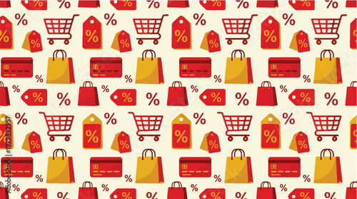 Seamless Pattern with Shopping Elements Red Credit Cards Sale Tags and Shopping Bags Discount Illustration Vector Design