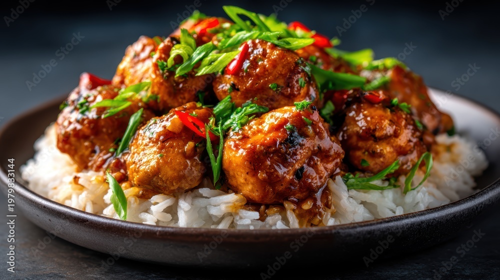 Fototapeta premium A mouth-watering dish featuring succulent meatballs on a bed of fluffy rice, garnished with vibrant herbs and spices, perfect for food lovers and culinary enthusiasts.