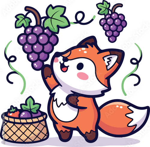 Cute cartoon fox reaching for purple grapes with a wicker basket, suitable for childrens book illustrations or organic food logos.