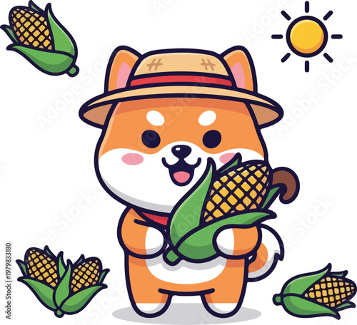 Shiba inu farmer holding corn, under sunny sky, perfect for agriculture, pet, farm, outdoor, dog, harvest, or rural concepts.
